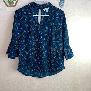 Meraki Blue Floral Blouse with Choker Collar